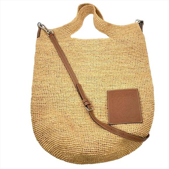 LOEWE Handbags - LOEWE Slit Mini Shoulder Bag in Beige Raffia Leather with Silver Hardware and...